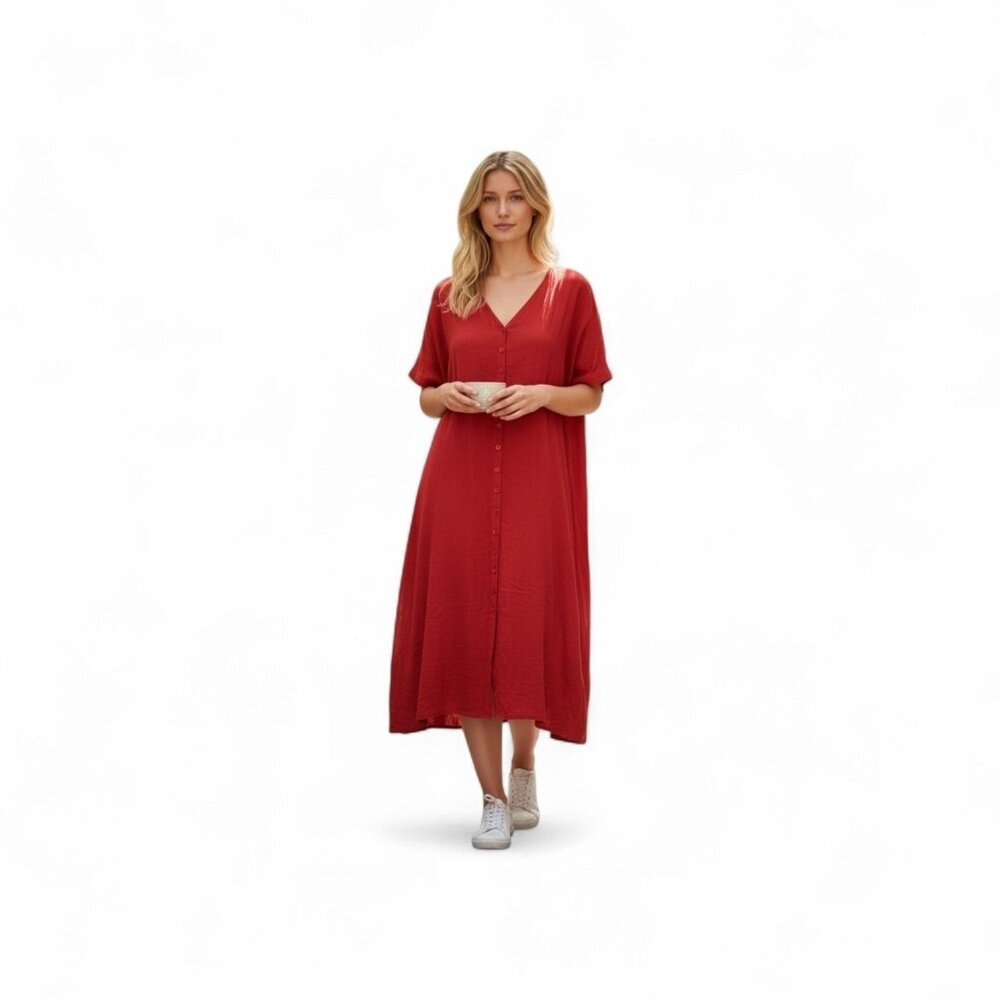 Phases Maxi Dress Womens Size 2X Red Embroidered Button Front Short Sleeve